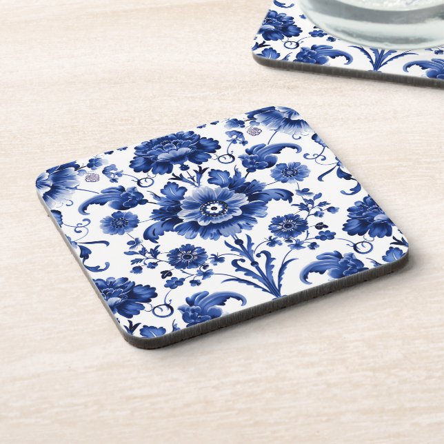 Floral Delft Blue Beverage Coaster (Left Side)