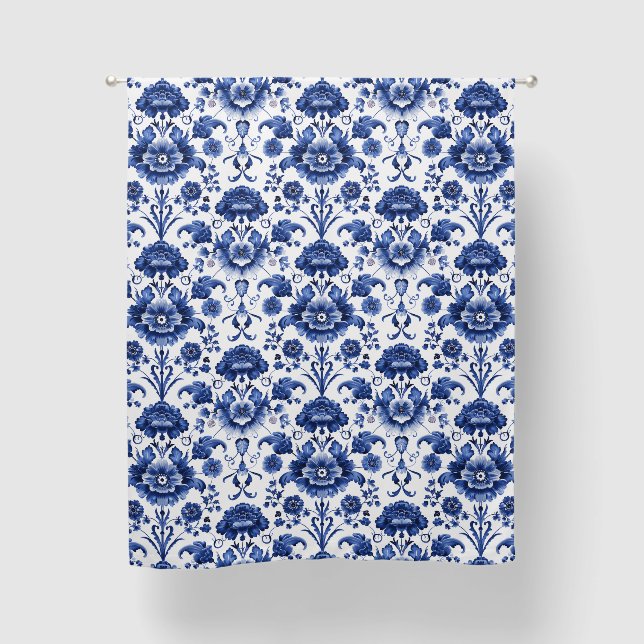 Floral Delft Blue Blackout Curtains (Front)