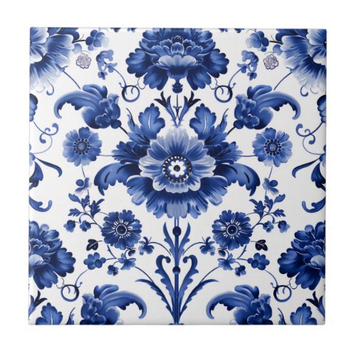 Floral Delft Blue Ceramic Tile