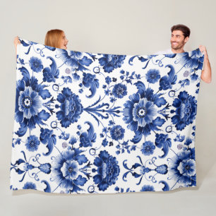 Floral Delft Blue Fleece Blanket