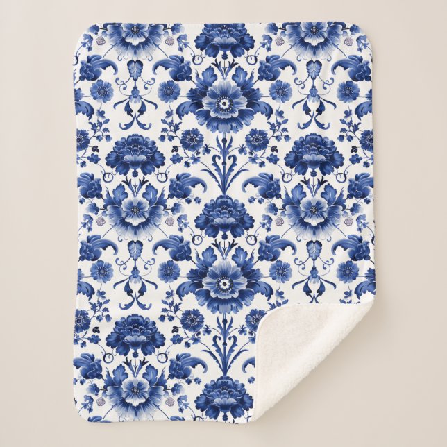 Floral Delft Blue Sherpa Blanket (Front)