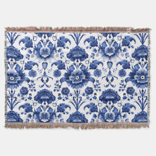 Floral Delft Blue Throw Blanket