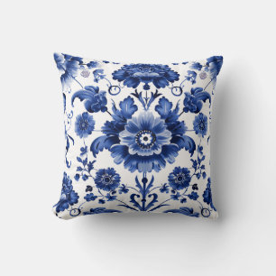 Floral Delft Blue Throw Pillow