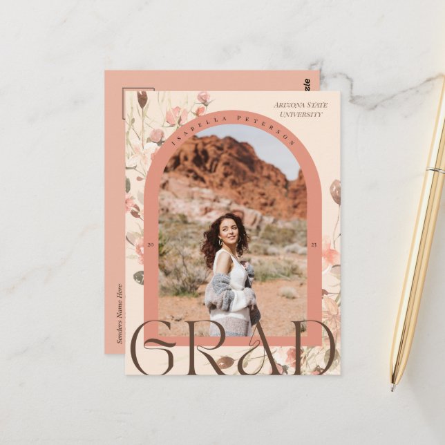 Floral Delight: Boho Chic Arch Frame Graduation Postcard (Front/Back In Situ)