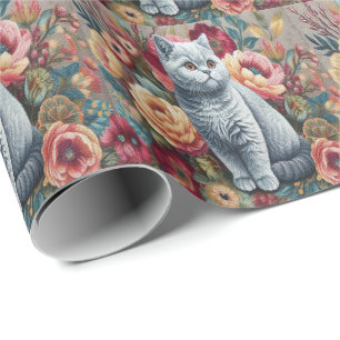 Floral Delight British shorthair Cat, Cute Kitten Wrapping Paper