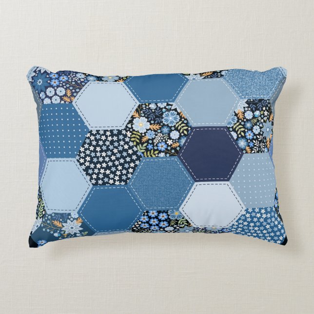 Floral, denim patchwork: blue pattern. accent pillow (Front)