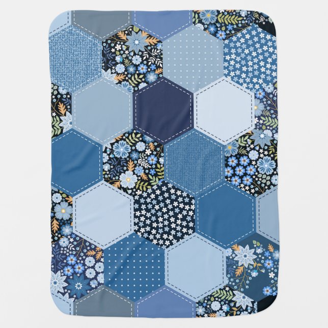 Floral, denim patchwork: blue pattern. baby blanket (Front)