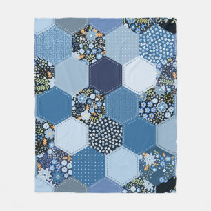 Floral, denim patchwork: blue pattern. fleece blanket