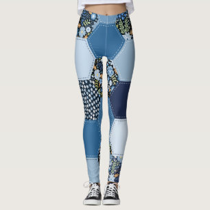 Floral, denim patchwork: blue pattern. leggings