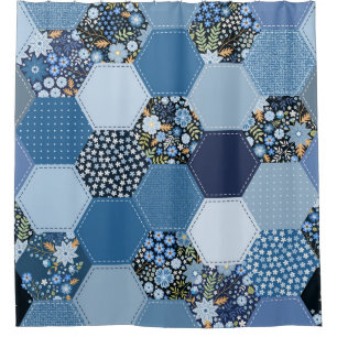 Floral, denim patchwork: blue pattern. shower curtain