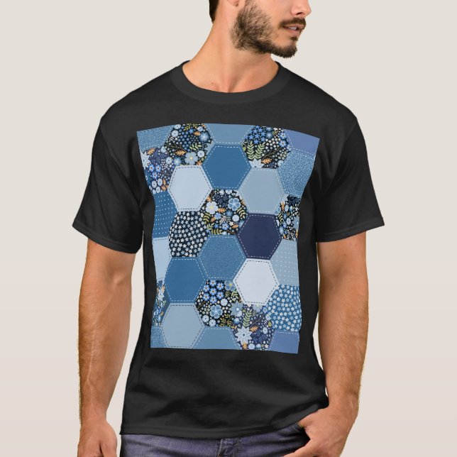 Floral, denim patchwork: blue pattern. T-Shirt (Front)