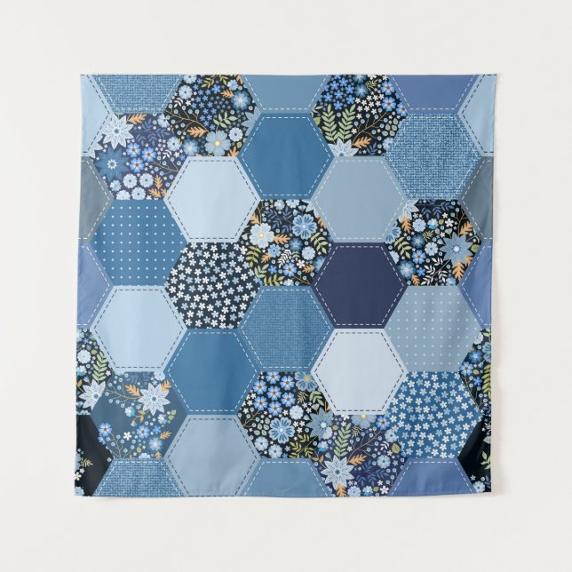 Floral, denim patchwork: blue pattern. tapestry (Front)