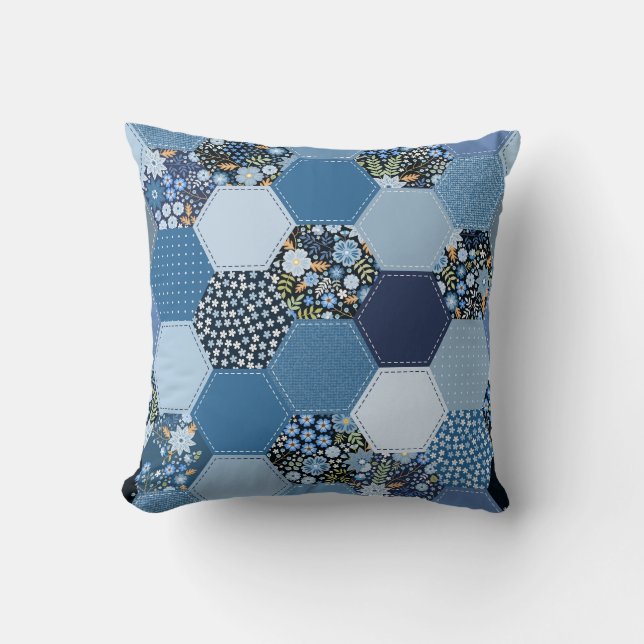Floral, denim patchwork: blue pattern. throw pillow (Front)
