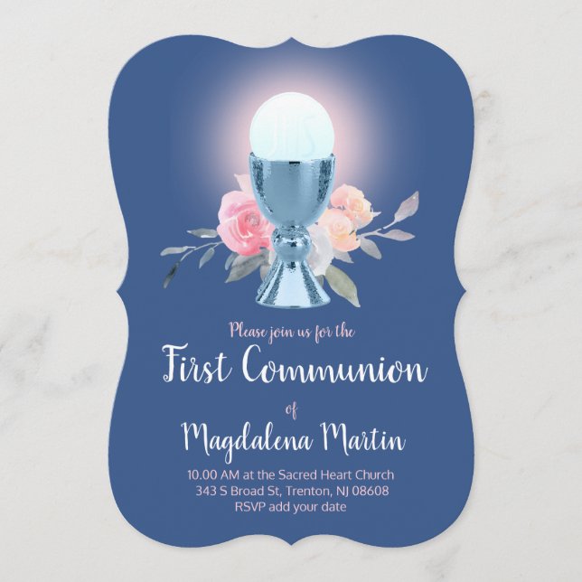 floral design blue chalice First Communion Invitation (Front)