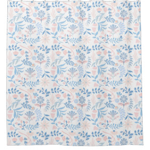 Floral design boho block print blue pink girly shower curtain