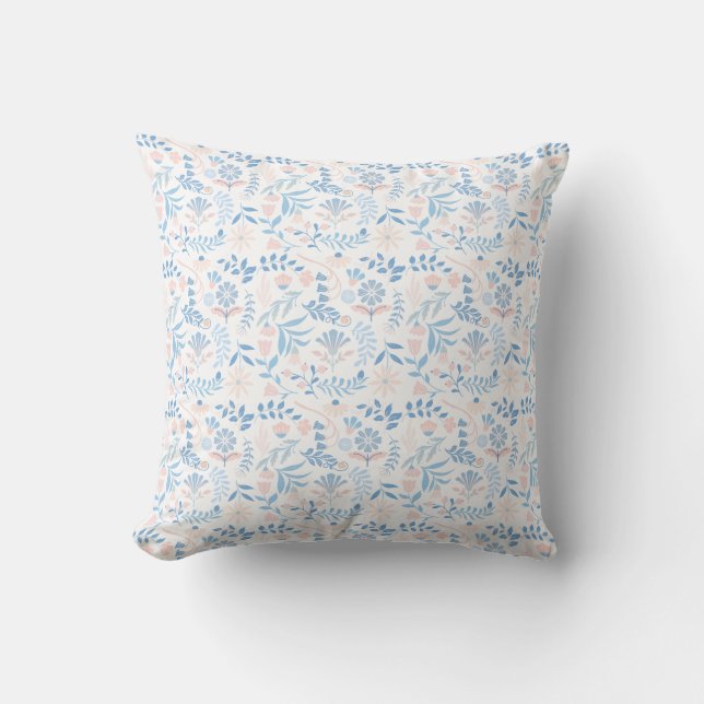Floral design boho block print blue pink girly throw pillow (Front)