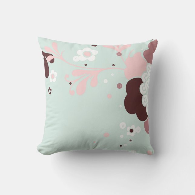Floral Design Brown Blue And Pink Throw Pillow (Front)
