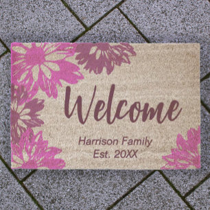 Floral Design Family Name Welcome Coir Spring  Fiber Doormat