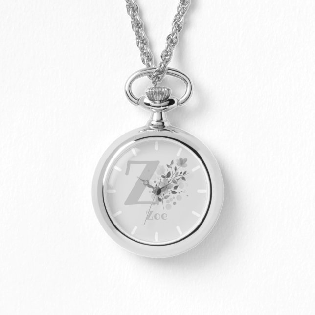 Floral Design Name & Initial Ladies Pendant Watch (Front)