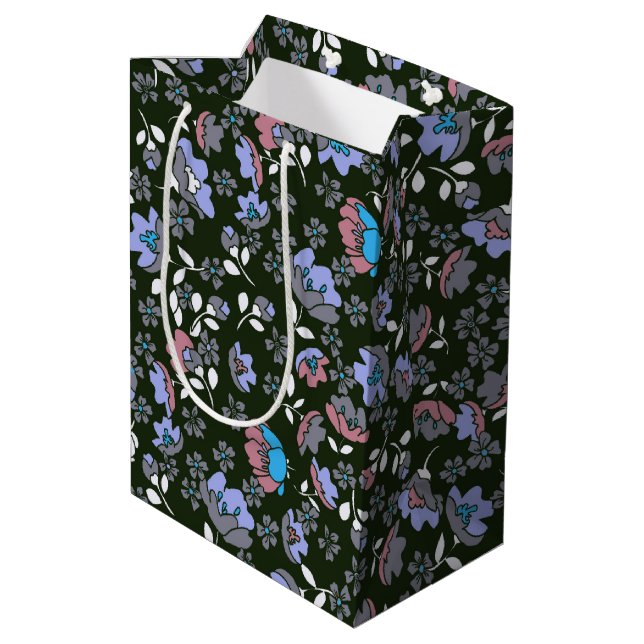 Floral Design on Black Medium Gift Bag (Back Angled)