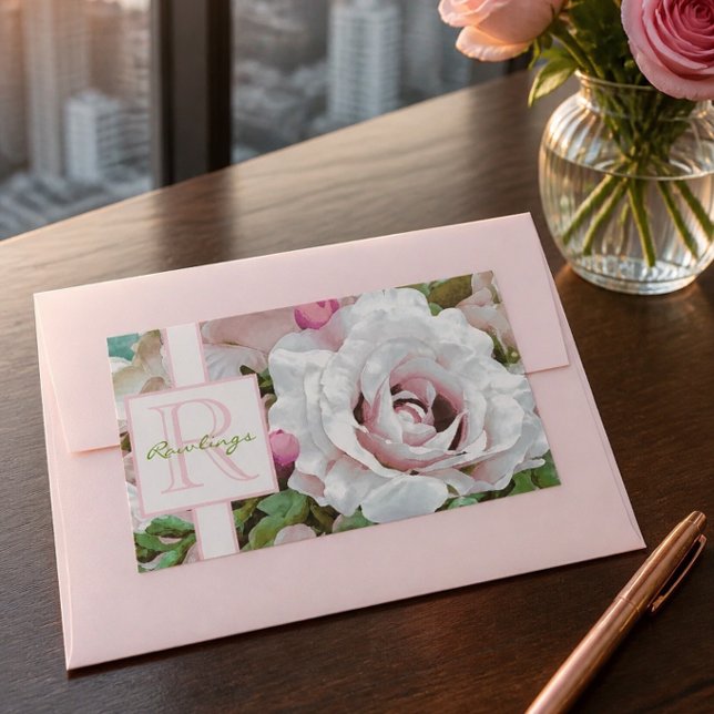 Floral Design | Pink Rose | Monogram Rectangular Sticker (Creator Uploaded)