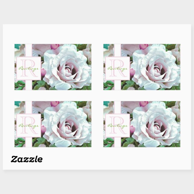 Floral Design | Pink Rose | Monogram Rectangular Sticker (Sheet)