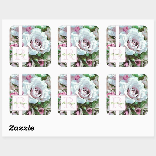 Floral Design | Pink Rose | Monogram  Square Sticker (Sheet)