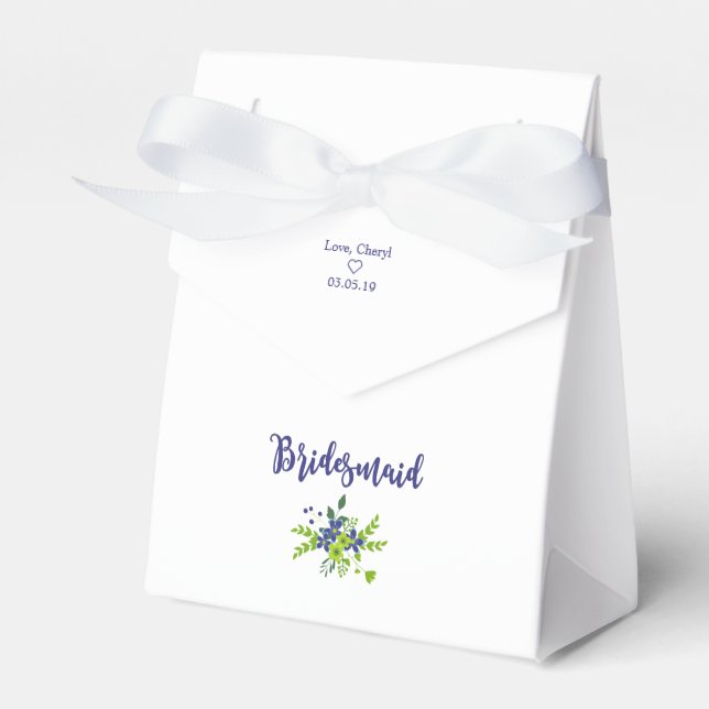 Floral Design with Bridesmaid in Blue & Green Favor Boxes (Front Side)