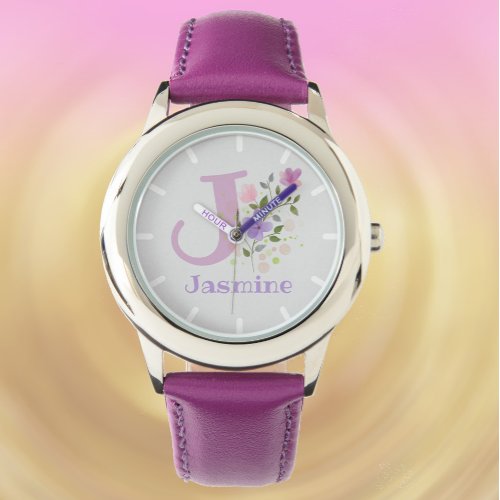 Floral Design with Name  Initial Childs Watch