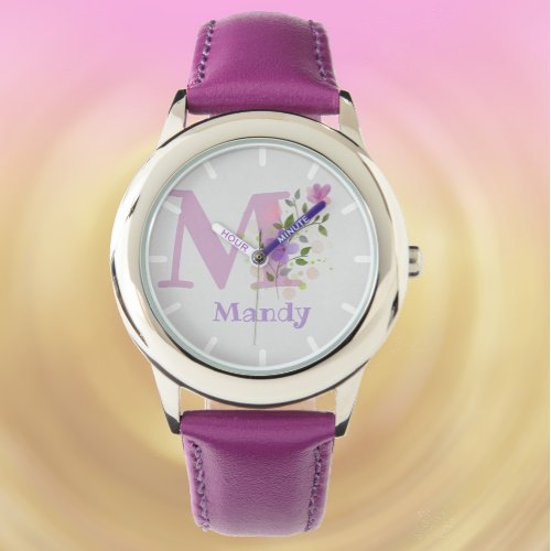 Floral Design with Name  Initial Childs Watch