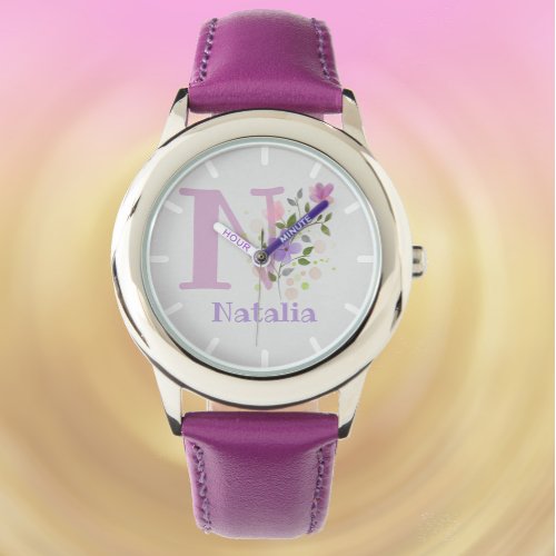 Floral Design with Name  Initial Childs Watch