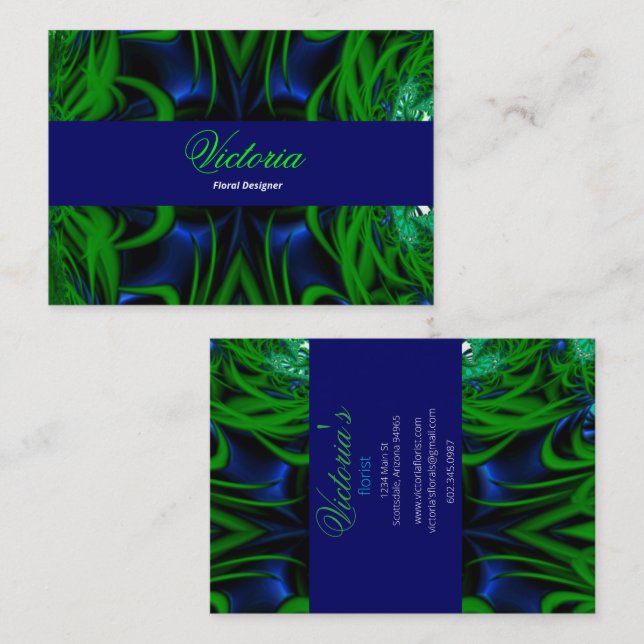 Floral Designer Blue & Green Design Business Card (Front/Back)