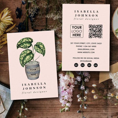 Floral Designer Logo Pink QR Code Social Media Business Card