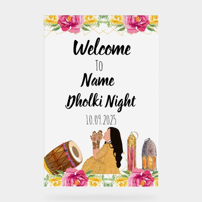 Floral Dholki night acrylic sign  (Front)