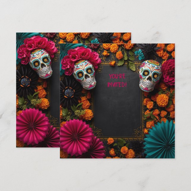 Floral dia de los muertos sugar skull invitation (Front/Back)