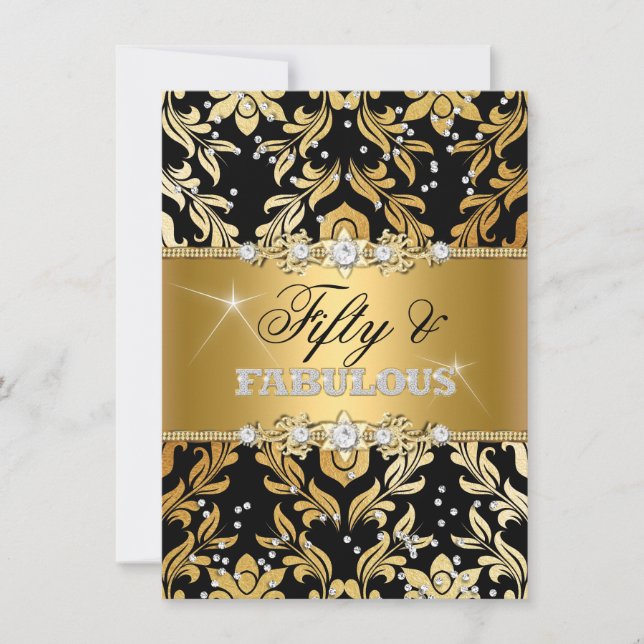 Floral Diamond Damask Gold Fifty and Fabulous Invitation (Front)