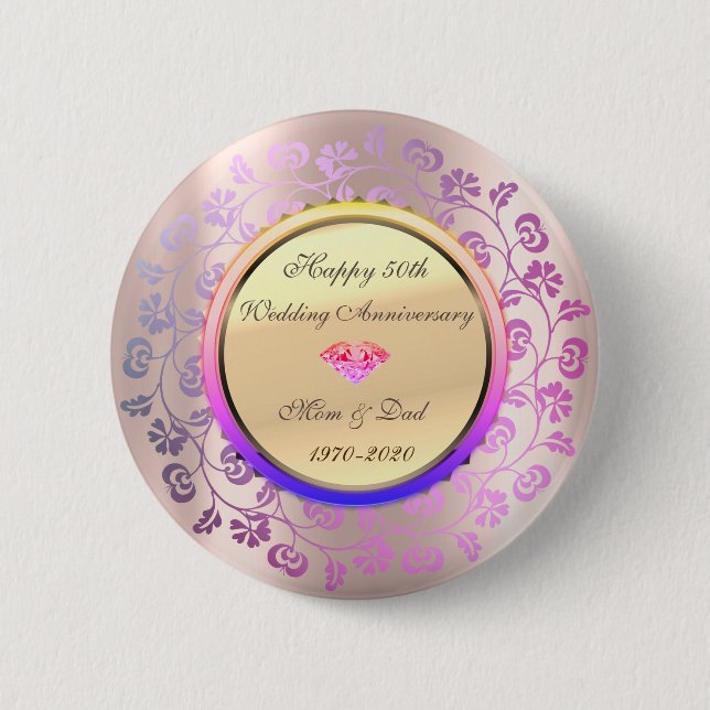 Floral Diamond Rose Gold 50th Wedding Anniversary Button (Front)