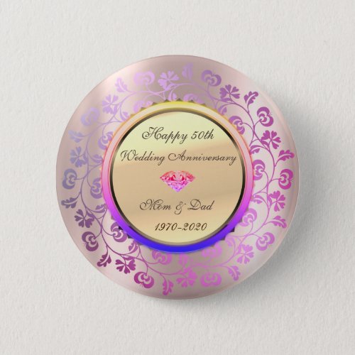 Floral Diamond Rose Gold 50th Wedding Anniversary Button