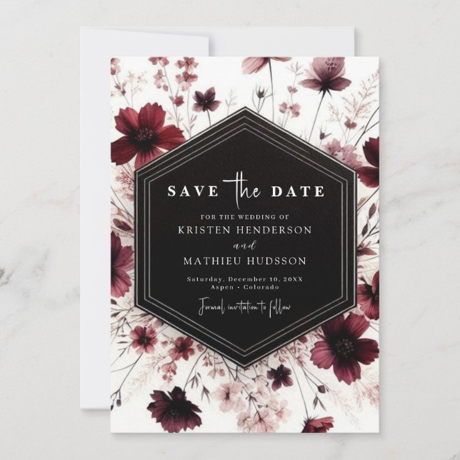 Floral Digital Burgundy Wedding Save The Date (Front)
