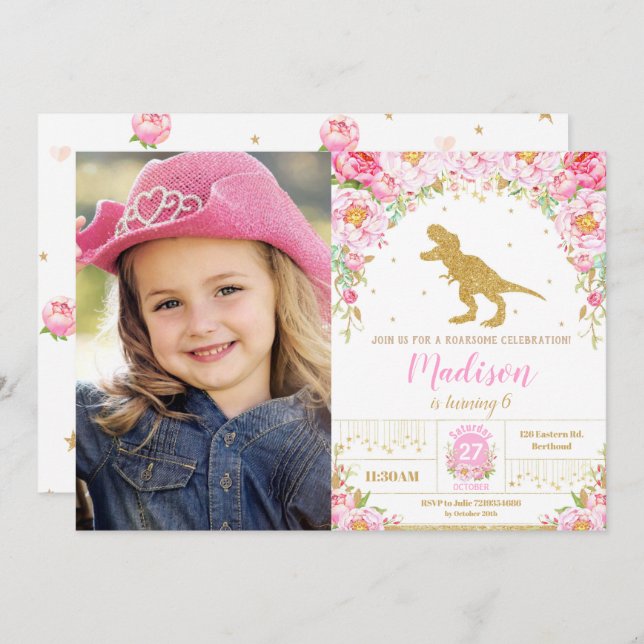Floral Dinosaur Birthday Girl T-Rex Photo Invitation (Front/Back)