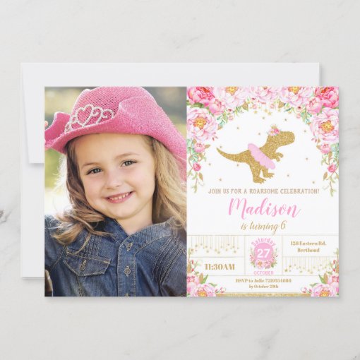 Floral Dinosaur Birthday Girl TRex Tutu Photo Invitation Zazzle