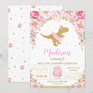 Floral Dinosaur Birthday Invitation Girl T-Rex