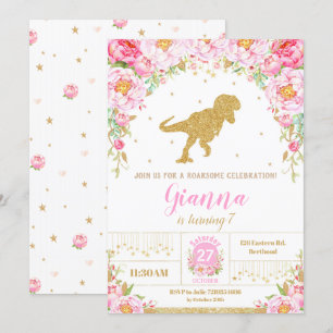 Floral Dinosaur Birthday Invitation Girl T-rex