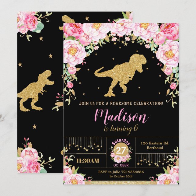 Floral Dinosaur Birthday Invitation Girl T-Rex (Front/Back)