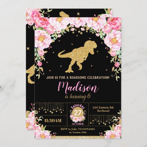 Floral Dinosaur Birthday Invitation Girl T_Rex