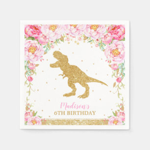 Floral Dinosaur Birthday Party Gold Glitter T-Rex Napkins