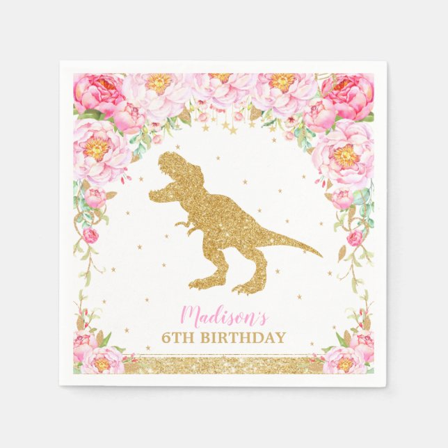 Floral Dinosaur Birthday Party Gold Glitter T-Rex Napkins (Front)