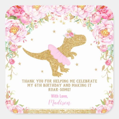 Floral Dinosaur Birthday Party Pink and Gold Favor Square Sticker