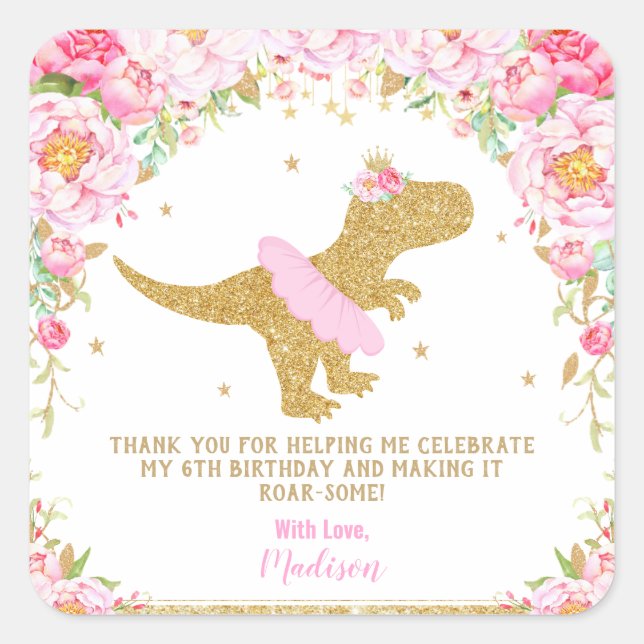 Floral Dinosaur Birthday Party Pink and Gold Favor Square Sticker (Front)