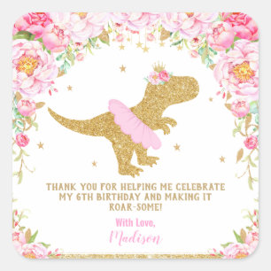 Floral Dinosaur Birthday Party Pink and Gold Favor Square Sticker